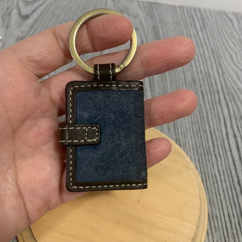 Rare Coach Suede Leather Navy Blue On Brown Mini Picture Frame Keychain Keycharm - Picture 5 of 12